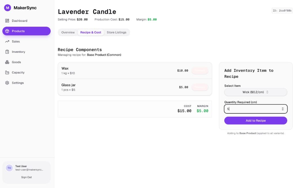 Recipe and Costing Interface